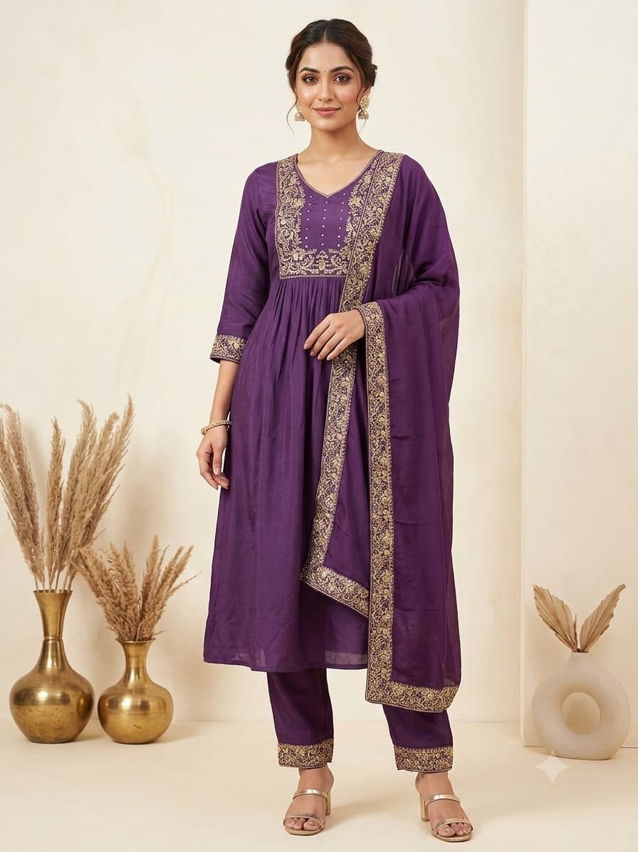 Frock-style suit with pent-plazzo dupatta-3ps